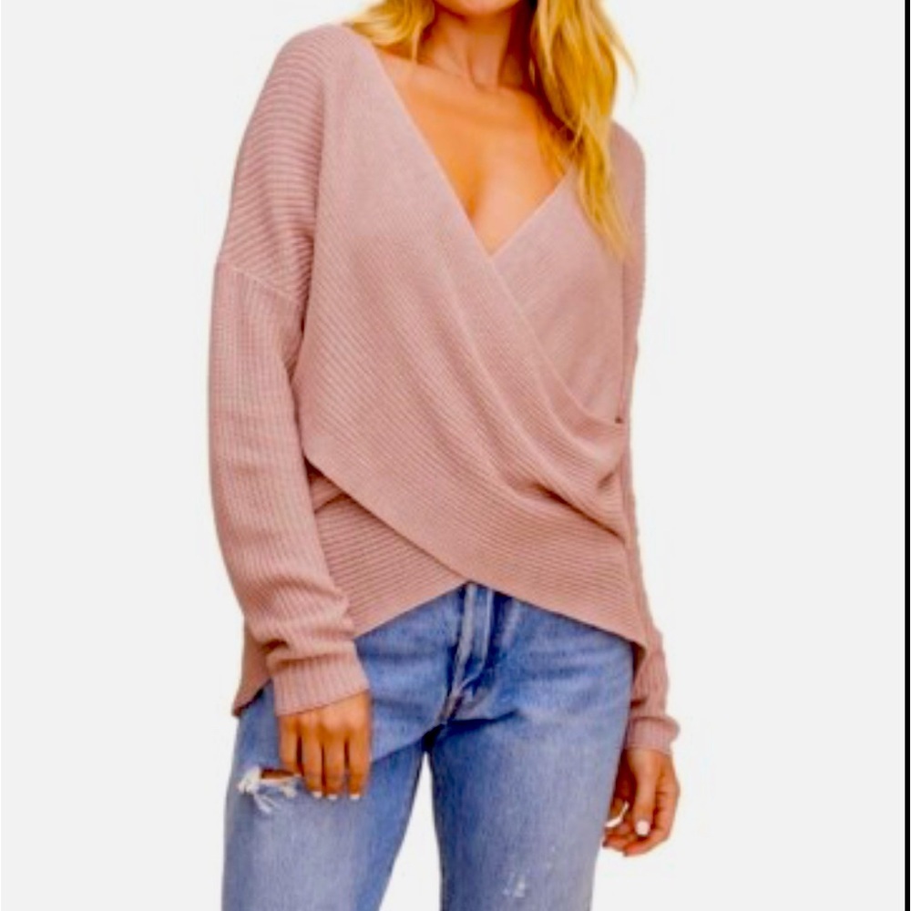 ASTR The Label Women’s Wrap Front Sweater Medium Pink Adobe Surplice Knit